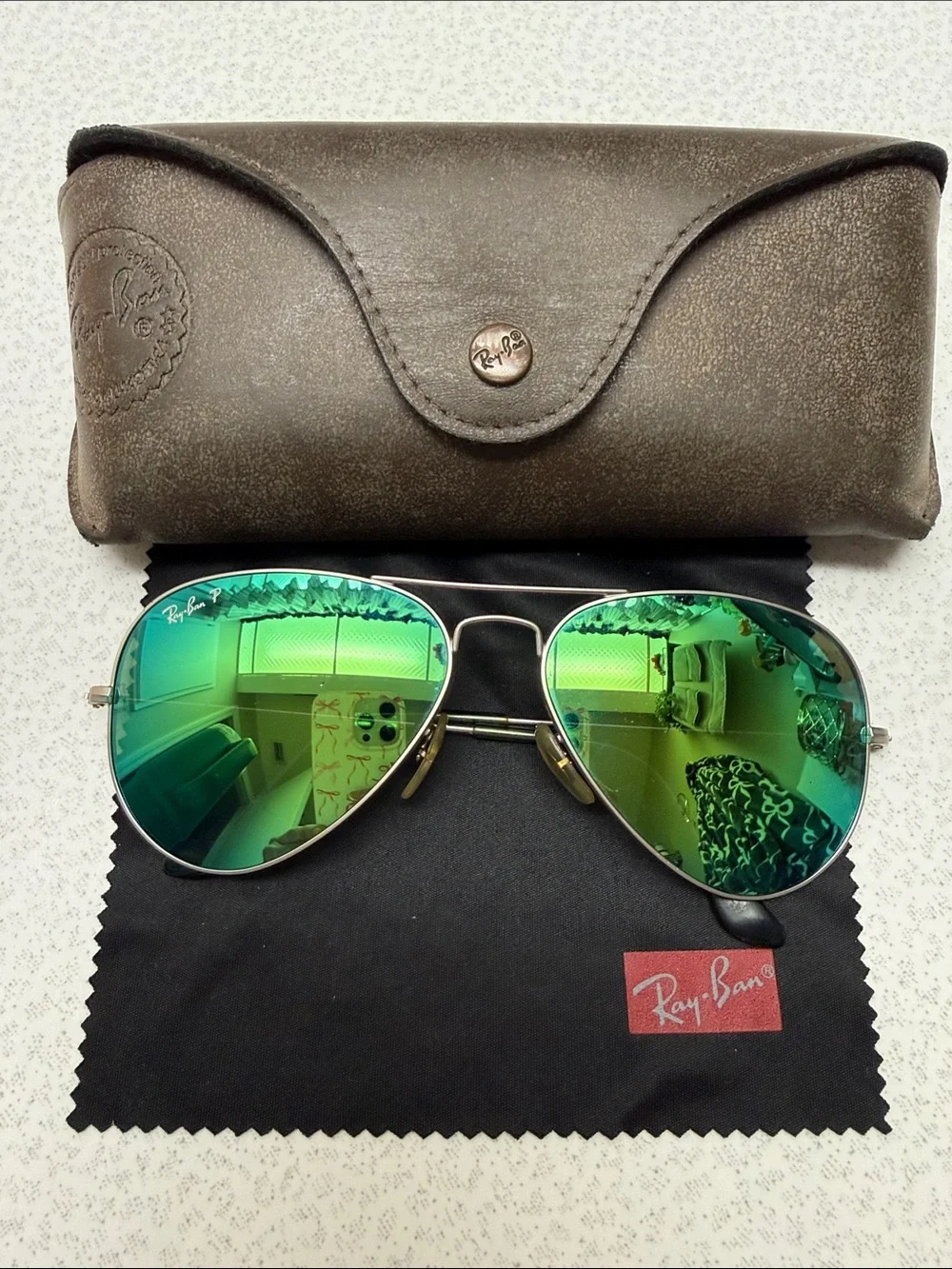 Ray-Ban Silver Frame Aviator Sunglasses with Blue Green tint